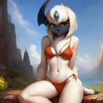 absol absurd_res anthro bikini bikini_bottom bikini_top clothing female fur generation_3_pokemon hi_res looking_at_viewer mammal pokemon_(species) red_bikini seductive solo swimwear trake_legend white_body white_fur