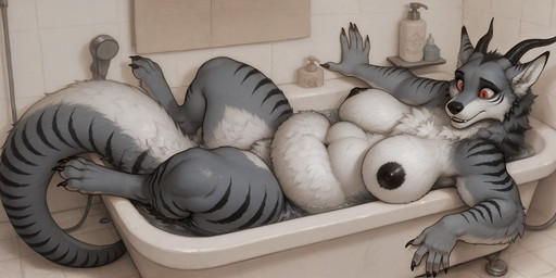 anthro bathroom bathtub big_breasts black_nipples breasts chubby_belly facial_spikes fangs female fluffy fluffy_fur fluffy_tail fur grey_body grey_fur horn jaw_spikes lizard_tail multicolored_body multicolored_fur navel neck_tuft nipples red_eyes slightly_chubby solo spikes spikes_(anatomy) striped_body striped_fur stripes thick_thighs tuft two_tone_body two_tone_fur wolf_ears slingsting zeik hybrid hi_res