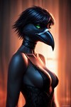 anthro beak black_body choker clothed clothing elegant female green_eyes jewelry lace necklace solo corsetlover69 avian bird corvid corvus_(genus) oscine passerine raven