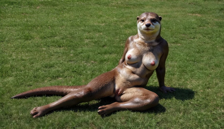 4_toes 5_fingers anthro black_nose breasts brown_body brown_fur feet female fingering fingers fur genitals grass looking_at_viewer nipples nude nude_female otter_tail plant pussy realistic realistic_fur realistic_lighting sitting_on_ground solo toes vaginal vaginal_fingering zabern mammal mustelid otter animated hi_res huge_filesize short_playtime webm