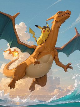 3_fingers ambiguous_gender aviator_glasses belly black_ear_tips blue_eyes blue_membrane blue_sky blush brown_eyes brown_markings cheek_markings claws cloudy collarbone duo facial_markings fangs feral fiery_tail fingers flying glistening glistening_eyes head_markings horn markings membrane_(anatomy) open_mouth orange_body riding riding_on_back scales sea sky smile splash tail water white_belly white_body white_scales yellow_body burioth nintendo pokemon charizard generation_1_pokemon pikachu pokemon_(species) absurd_res hi_res shaded soft_shading