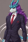 anthro blue_body blue_fur business_suit clothing fur hair looking_at_viewer male necktie purple_hair red_eyes red_necktie smile smiling_at_viewer solo suit angry_puppy mammal hi_res