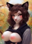 anthro areola big_breasts blush breasts cleavage cleavage_cutout clothed clothing domestic_cat exposed_breasts felid feline felis female fur hair inner_ear_fluff mammal nipples outside pikaflufftuft portrait seductive smile solo sweater topwear tuft white_body white_fur