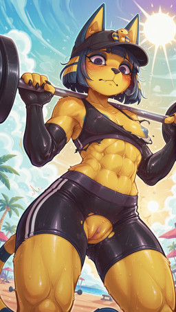4_fingers abs anthro beach black_clothing blue_eyes blue_nipples bottomwear bra breasts clothing cloud exercise female fingers fur genitals gym_bottomwear gym_clothing gym_shorts looking_at_viewer muscular muscular_anthro muscular_female muscular_thighs navel nipples nude outdoor_nudity outside palm_tree plant purple_eyes pussy sand seaside shorts solo sports_bra sun torn_clothing tree underwear water weightlifting workout yellow_body yellow_fur wloczega animal_crossing nintendo ankha_(animal_crossing) domestic_cat felid feline felis mammal hi_res