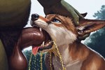 anthro balls black_nose bodily_fluids duo fellatio genital_fluids genitals green_body green_skin male male/male oral peeing penile penis pubes sex tongue urine urine_in_mouth watersports hyperion canid canine fox humanoid mammal orc