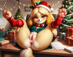 anthro anus blush brown_eyes christmas_clothing christmas_lights christmas_present christmas_tree claws clothing desk female floppy_ears fur furniture genitals jewelry legs_up lying office on_back pawpads paws plant pussy seductive solo spread_legs spreading table toe_claws tree yellow_body yellow_fur mr.kitsune isabelle_(animal_crossing) canid canine canis domestic_dog mammal shih_tzu toy_dog