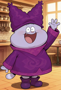 anthro boots cafe clothed clothing coffee_cup container cup footwear furniture gesture happy hat headgear headwear looking_at_viewer male open_mouth purple_body restaurant smile solo tail tongue topwear waving waving_at_viewer window boxen549 cartoon_network chowder_(series) chowder domestic_cat felid feline felis mammal hi_res