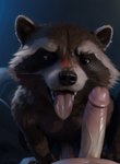 absurd_res anthro balls black_nose breath brown_body brown_eyes brown_fur bulge duo faceless_character faceless_human first_person_view fur genitals glistening glistening_genitalia hi_res human looking_at_genitalia looking_at_penis male male/male mammal nude open_mouth open_smile oral oral_invitation penile penis procyonid raccoon rocket_raccoon seductive sex shuffur simple_background smile steam tan_body tan_fur tongue tongue_out whiskers