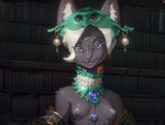 anthro blue_eyes breasts bust_portrait clothing female front_view grey_body hair headgear headwear hi_res jewelry looking_at_viewer mineru nipples portrait seductive small_breasts solo vince_ai white_hair zonai