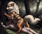 animal_genitalia animal_pussy arcanine bestiality canine_genitalia canine_pussy dominant dominant_female dragon_longsword duo female female_on_top female_penetrated feral feral_penetrated fluffy forest fur generation_1_pokemon genitals grass hi_res human human_on_feral human_penetrating human_penetrating_feral interspecies male male/female male_on_bottom male_on_feral mammal on_bottom on_top orange_body orange_fur outdoors penetration plant pokemon_(species) pokephilia pussy rough_sex sex striped_body striped_fur stripes tree upside_down_pussy vaginal vaginal_penetration