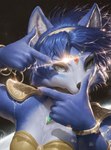 5_fingers accessory armor black_nose blue_body blue_eyes blue_fur blue_hair bracelet breasts circlet claws clothed clothing eyelashes female fingers fur gem green_eyes hair hair_accessory hairband inner_ear_fluff jewelry looking_at_viewer short_hair solo tuft white_body white_fur unknown_director canid canine fox mammal bust_portrait hi_res portrait