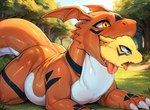 anthro duo lying neck_bulge on_front oral_vore swallowing vore thedavid digimon_(species) guilmon renamon hi_res