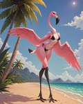 anthro beach bikini clothing cloud countershading day feathers female looking_at_viewer palm_tree pink_body pink_feathers plant sea seaside solo standing swimwear tree tropical water cartuniverse avian bird flamingo absurd_res hi_res