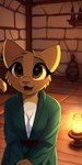 anthro breasts brown_eyes chest_tuft cleavage clothed clothing facial_tuft felid female fur hi_res katia_managan khajiit kibermozgai lamp looking_at_viewer mammal sitting solo tavern tuft vase yellow_body yellow_fur