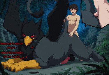 anal anal_penetration animal_genitalia animal_penis balls beak bestiality big_balls black_body black_feathers black_fur blush bodily_fluids butt canine_genitalia cutaway detailed_background dialogue duo erection feathered_wings feathers feral feral_penetrated forest from_behind_position fur genital_fluids genitals hair heart_symbol human_on_feral human_penetrating human_penetrating_feral interspecies jungle knot larger_feral larger_male larger_penetrated looking_back looking_pleasured male male/male male_on_feral male_on_human male_penetrated male_penetrating male_penetrating_male mythology night nude open_mouth outside penetration penile penile_penetration penile_spines penis penis_in_ass plant precum precum_squirt quadruped red_eyes ruins sex size_difference small_dom_big_sub smaller_human smaller_male tail tail_grab text tongue tree wings tempting_(director) avian gryphon human mammal mythological_avian mythological_creature english_text hi_res