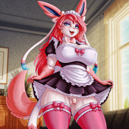anthro balls blue_eyes bottomwear bow_ribbon breasts clothed clothing clothing_lift ear_piercing ear_ring eyeshadow flaccid fluffy fluffy_tail foreskin genitals glitter hair herm hoop_ear_ring intersex lace_stockings legwear maid_apron maid_headdress maid_uniform makeup miniskirt penis piercing pink_hair ribbons ring_piercing skirt skirt_lift small_balls small_penis solo thigh_highs uniform erta_wanderer nintendo pokemon eeveelution generation_6_pokemon pokemon_(species) sylveon invalid_tag hi_res