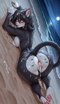 anthro anus bikini black_body black_hair bodily_fluids breath clothing clothing_aside countershading cum cum_in_ass cum_in_pussy cum_inside cum_on_body cum_on_hair empty_eyes female genital_fluids genitals hair lying mia_(bibimsi) on_front one_eye_closed panties panties_aside panting pupils pussy sand slit_pupils solo swimwear underwear underwear_aside white_eyes djar17 domestic_cat felid feline felis mammal absurd_res hi_res