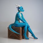 anthro blue_body blue_scales blue_skin box clawed_hands claws container crate female hands_on_legs horn looking_away scales simple_background sitting smile solo toe_claws white_body white_skin wood_furniture ilmpbx kobold hi_res