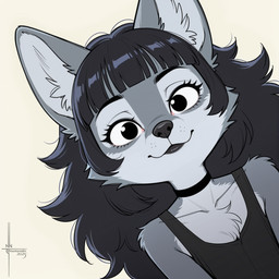 anthro bangs black_eyeliner black_eyes black_lips black_nose blunt_bangs clothing countershading_fur dutch_angle female fluffy fur grey_body grey_fur hair lips looking_at_viewer prick_ears punk shirt simple_background smile solo tank_top tomboy topwear tuft numeradin canid canine canis mammal wolf hi_res