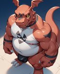 5_fingers abs anthro areola arm_tattoo barazoku bedroom_eyes belly biceps big_muscles biped black_sclera bodily_fluids bulge butt claws clothed clothing crotch_tuft deltoids fingers forearm_muscles fur genitals horny looking_at_viewer male manly mature_anthro mature_male mouth_closed multicolored_body multicolored_fur musclegut muscular muscular_anthro muscular_arms muscular_legs muscular_male mythology narrowed_eyes navel obliques open_mouth open_smile outside overweight overweight_anthro overweight_male partially_clothed paws pecs quads red_body seductive serratus slightly_chubby smile solo standing sweat sweaty_body tattoo teeth teeth_showing tongue topless topless_anthro topless_male triceps tuft underwear yellow_eyes bigbowser24 bandai_namco digimon nintendo pokemon digimon_(species) dragon generation_1_pokemon guilmon mythological_creature mythological_scalie pokemon_(species) scalie 2025 colored detailed hi_res signature