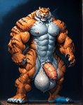 5_toes abs angry anthro balls barefoot biceps big_balls big_muscles bodily_fluids feet fist flaccid fur genital_fluids genitals huge_muscles humanoid_genitalia humanoid_penis looking_at_viewer male multicolored_body multicolored_fur muscular night nude open_mouth orange_body orange_fur pecs penis plantigrade precum solo standing striped_body striped_fur stripes toes vein veiny_balls white_body white_fur vanzilen felid mammal pantherine tiger full-length_portrait hi_res portrait