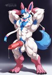abs animal_genitalia animal_penis anthro armpit_hair ball_tuft balls bara barazoku beard biceps big_balls big_muscles big_penis biped blue_body blue_eyes blue_hair bodily_fluids body_hair canine_genitalia canine_penis chest_hair claws dripping erection facial_hair fur genital_fluids genitals hair hands_behind_head knot looking_at_viewer male muscular muscular_anthro muscular_male nipples nude paws pecs penis pink_body pink_fur precum precum_drip pubes sheath simple_background smile solo standing teeth text tuft white_body white_fur sergalbutt nintendo pokemon canid canine eeveelution generation_6_pokemon mammal pokemon_(species) shiny_pokemon sylveon hi_res signature url