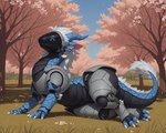 anthro blue_body cherry_blossom female hair horn inner_ear_fluff machine mane mythology on_ground outside plant protogen_visor solo tail_tuft thick_thighs tuft white_hair white_mane traialas dragon mythological_creature mythological_scalie robot scalie hi_res