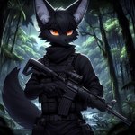 anthro black_body black_fur clothing detailed_background fur male orange_eyes solo weapon lucifluffy kalenek_(lucifluffy) canid canine fennec fox mammal