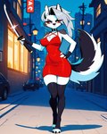 anthro city city_background clothed clothing collar dress female hair hand_on_hip holding_object legwear looking_at_viewer melee_weapon outside red_clothing red_dress red_sclera solo spiked_collar spikes standing sword thigh_highs weapon white_body traialas helluva_boss loona_(helluva_boss) canid canid_demon canine canis demon hellhound mammal wolf hi_res