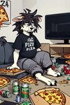 ambiguous_species anthro beverage beverage_can canid cheek_tuft claws clothed clothing detailed_background digitigrade english_text facial_tuft fluffy food fully_clothed fur hair half-closed_eyes hi_res inside long_ears male mammal messy_hair mo-net_(director) narrowed_eyes on_ground overweight overweight_male pepperoni_pizza pizza pizza_box potbelly sad shirt sitting slightly_chubby solo sweatpants t-shirt television text tired topwear trash tuft white_body white_fur