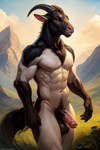 abs animal_genitalia anthro balls biceps black_balls chest_tuft cloud fur genitals horn male mountain_range mountains muscular muscular_anthro muscular_male nature nature_background navel nipples nude pecs penis pink_nipples pubes sky solo standing tuft valley r0t bovid caprine goat mammal