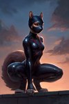 anthro athletic athletic_anthro athletic_female black_suit curved_tail curvy_figure female fluffy fluffy_tail latex_clothing mask ninja rooftop round_ears solo squat sunset warrior hellapoc mammal rodent sciurid attempted_signature