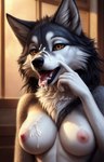 anthro bodily_fluids breasts canid canine canis cum cum_drip cum_in_mouth cum_inside cum_on_breasts cum_on_face cum_string dripping female genital_fluids licking_cum lurktime_(director) mammal realistic solo tuft wolf