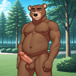 anthro balls belly black_eyebrows black_nose blush bodily_fluids brown_body brown_eyes brown_fur ears_up exhibitionism eyebrows fur genitals glans grass humanoid_genitalia humanoid_penis male moobs musclegut muscular nipples nude nudist park penis plant smile smug solo sweat tail tree merade dennis_donnacha_(meesh) brown_bear mammal ursid ursine hi_res