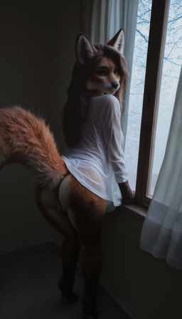 animal_ear_fluff animal_ears animal_nose anthro biped body_fur bottomless brown_body brown_fur brown_hair butt clothed clothing curtains digitigrade female fox_ears fox_tail fur green_eyes hair inside long_hair long_sleeves looking_at_viewer looking_back mouth_closed no_underwear photorealism plant raised_tail realistic realistic_fur realistic_lighting rear_view shirt snout solo standing tail topwear translucent tree white_clothing white_shirt white_topwear window frrlvr canid canine fox mammal absurd_res hi_res