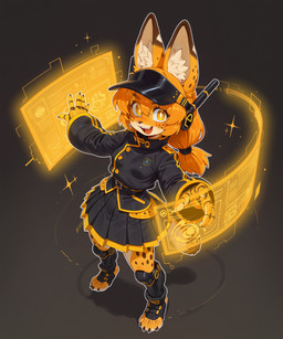 anthro badge bangs belt black_clothing bottomwear clothing cybernetic_limb female glowing gradient_background hair hat headgear headwear high-angle_view hologram jacket long_hair open_mouth orange_hair outline simple_background skirt smile solo sparkles spots spotted_body spread_arms standing topwear visor_cap white_outline yellow_body yellow_eyes burioth e6ai mascot_2025 felid feline mammal serval absurd_res full-length_portrait hi_res portrait yellow_theme