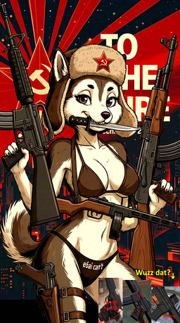 ak-47 anthro assault_rifle bikini bra brown_body brown_fur clothing communism female fur gun hat headgear headwear holding_gun holding_object holding_weapon kabar knife knife_in_mouth luger m16 pinup politics pose ppsh41 ranged_weapon rifle russian solo swimwear tail_up underwear ushanka weapon weapon_on_hip sloppycat canid canine canis domestic_dog husky mammal nordic_sled_dog spitz