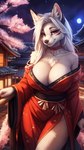 anthro asian_clothing big_breasts breasts cherry_blossom choker cleavage clothed clothing east_asian_clothing eyeshadow female fur geisha hair japanese_clothing jewelry kimono long_hair makeup markings necklace night off_shoulder plant red_markings solo white_body white_fur white_hair canid canine canis mammal wolf tagme