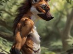 anthro athletic athletic_female biceps black_nipples blurred_background breasts canid canine degenstoic detailed detailed_fur female forest green_eyes hi_res mammal mane maned_wolf nipples nude plant slim small_breasts solo tree triceps