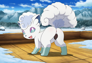 animal_genitalia animal_pussy anus blue_body blue_eyes blue_fur blue_nose blush butt canine_genitalia canine_pussy cloud day detailed_background female feral fluffy fluffy_tail fur genitals leg_markings looking_at_viewer looking_back markings mountain multi_tail multicolored_body open_mouth open_smile outside plant presenting presenting_anus presenting_hindquarters presenting_pussy pussy quadruped raised_tail rear_view sky smile snow socks_(marking) solo standing tail tongue tree white_body white_fur jomisa nintendo pokemon alolan_form alolan_vulpix canid canine mammal pokemon_(species) regional_form_(pokemon)