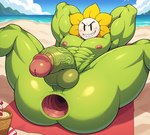 abs anus balls bara barazoku beach big_ass big_balls big_butt big_penis blush blush_lines butt flower gaping gaping_anus genitals green_body half-erect hands_behind_head lying lying_down male muscular nipples on_back penis petals plant seaside solo spread_legs spreading undertale undertale_(series) vein veiny_penis white_face rulethony34tano_(director) flowey_the_flower elemental_creature elemental_humanoid flora_fauna humanoid plant_humanoid