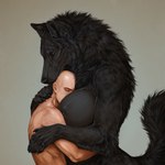 anthro bodily_fluids claws crying detailed_fur duo female finger_claws hugging larger_female male male/female simple_background size_difference tears sysns canid canine canis human mammal wolf detailed hi_res