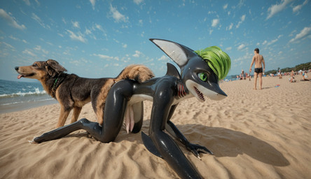 2_penises anal anal_penetration animal_genitalia animal_penis anthro ass_to_ass beach bestiality claspers duo feral genitals green_eyes green_hair hair knotted knotting male male/male mating multi_genitalia multi_penis penetration penis public public_sex sea seaside sex smile smug smug_face water alvos canid canine canis domestic_dog fish mammal marine shark