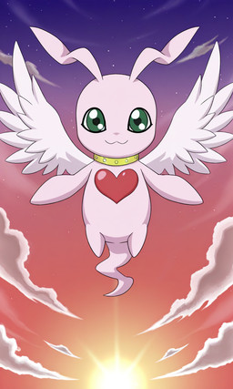 cloud female flying gold_ring green_eyes heart_(marking) long_ears looking_at_viewer orange_sky pink_body pink_skin ring_(jewelry) smile smiling_at_viewer solo star sunset tail wings yiff_ai_(director) digimon digimon_tamers digimon_(species) marineangemon hi_res