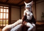 2023 anthro asian_clothing black_nipples black_nose blue_eyes breasts canid canine clothed clothing detailed_background east_asian_clothing exposed_breasts female fox fur furniture gushiken_reiko half-length_portrait hi_res inner_ear_fluff inside japanese_clothing kimono looking_aside malakim mammal multi_tail neck_tuft nipples obi partially_clothed plant portrait sitting sitting_on_table slim small_breasts smile solo stable_diffusion table tuft white_body white_fur window yiffymix_(model)