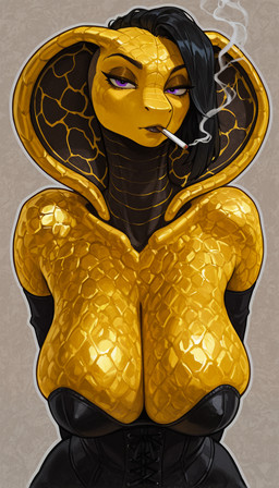 anthro big_breasts breasts cigarette cigarette_in_mouth cleavage clothed clothing corset female gold_skin grey_background hair half-closed_eyes hands_behind_back hanging_breasts leaning leaning_forward lingerie looking_at_viewer mature_anthro mature_female medium_hair narrowed_eyes purple_eyes simple_background sleeves smoke smoking solo straight_hair topwear undercut upper_body leoninhulets cobra humanoid reptile scalie snake hi_res