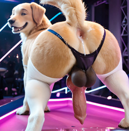 animal_genitalia anus backless_clothing backsack balls black_balls bodily_fluids butt canine_genitalia clothed clothed_feral clothing cum cum_in_ass cum_inside erection feral footwear fur genital_fluids genitals implied_sex looking_back looking_pleasured male nightclub presenting presenting_anus presenting_hindquarters rear_view socks solo stripper tan_body tan_fur underwear pleasedontlook bird_dog canid canine canis domestic_dog golden_retriever hunting_dog mammal retriever hi_res