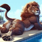 anthro balls bmrwcl brown_body brown_fur butt detailed detailed_background detailed_fur feet felid fur genitals lion looking_at_viewer looking_back male mammal muscular muscular_anthro muscular_male outside pantherine pawpads paws pool smile solo sunbathing swimming_pool water yellow_eyes