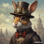 anthro brown_eyes building clock clothing cloud day fur hat headgear headwear male multicolored_body multicolored_fur outside pink_nose smoke solo steampunk tan_body tan_fur top_hat whiskers cow_of_fire lagomorph leporid mammal rabbit 1:1