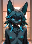 4_ears anthro black_body black_fur black_hair black_nose blep blue_eyes blue_nipples breasts chest_tuft female fluffy fur hair inside looking_at_viewer multi_ear nipples nude short_hair slim small_breasts smile solo sun tongue tongue_out tuft window seli-32 ezuri_(seli-32) avali hybrid absurd_res hi_res